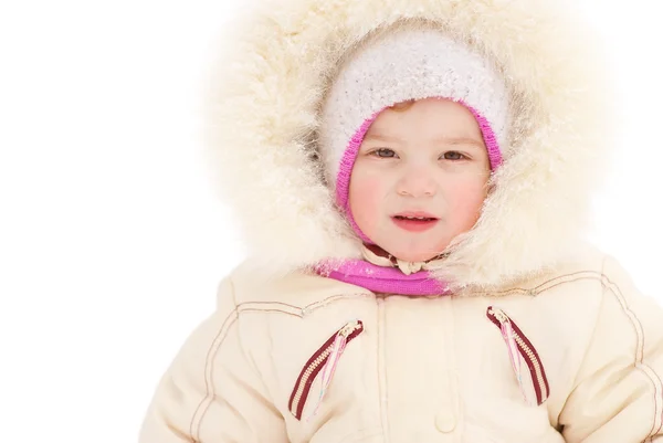 Little girl in warm coat with hood — Stock Photo, Image