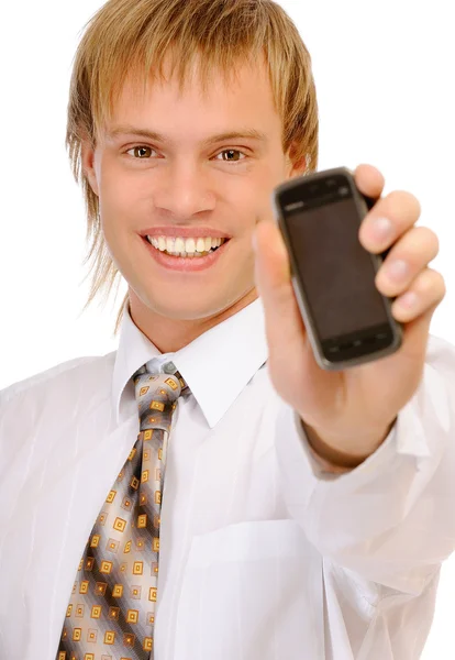 Friendly confident man holding mobile phone — Stock Photo, Image