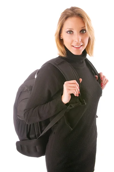 Jovem menina-viajante com grande mochila preta — Fotografia de Stock