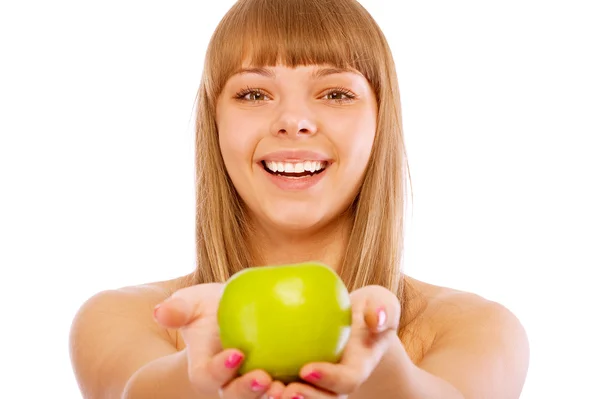 美しい女性は、リンゴを押し — ストック写真