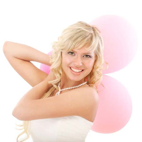 Lovely girl holds three inflatable spheres — Stock Photo, Image