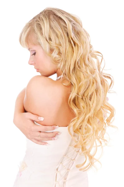 Κορίτσι με μακριά ξανθά μαλλιά από πίσω — Φωτογραφία Αρχείου