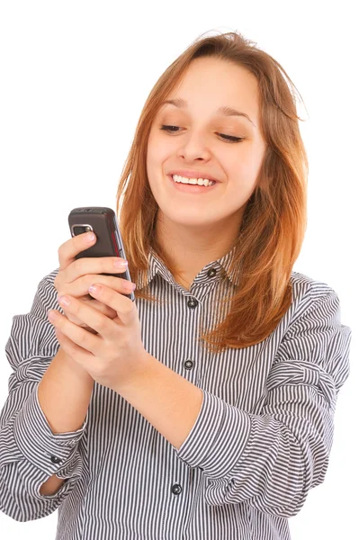 Businessgirl invia un messaggio di testo con il suo pho — Foto Stock