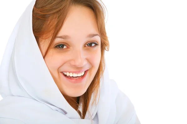 Smějící se dívka v bílém šátku — Stock fotografie