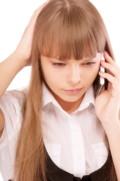 Businessgirl är missnöjd med telefonen conversa — Stockfoto
