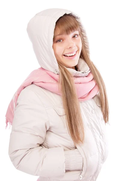 Chica sonriente en abrigo de invierno con bufanda — Foto de Stock