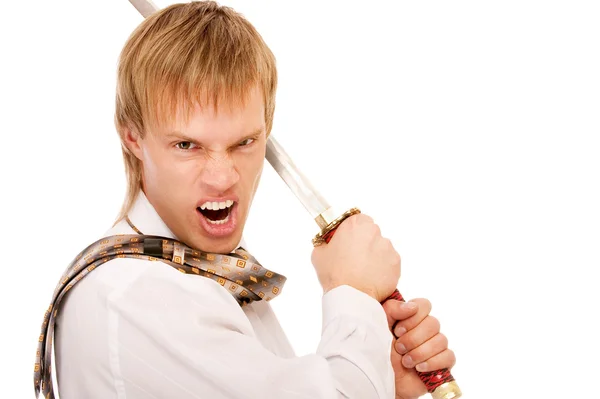 Man with sword protects business — Stock Photo, Image