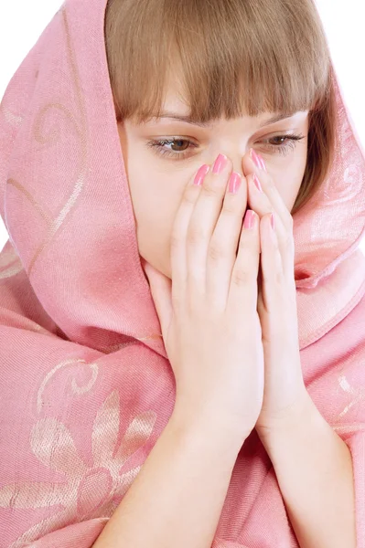 Girl in pink scarf prays — Stock Photo, Image