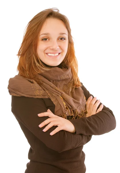 Młoda kobieta nosi brązowy odzież — Zdjęcie stockowe
