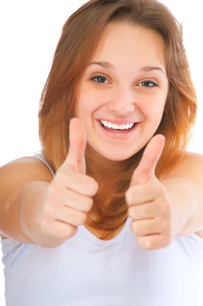 Portret van mooie jonge vrouw duimen omhoog teken weergegeven: — Stockfoto