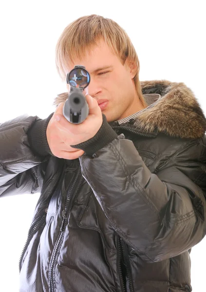 Young man with sniper rifle — Stock Photo, Image