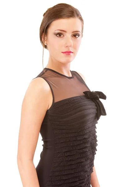 Morena encantadora em vestido de noite preto — Fotografia de Stock