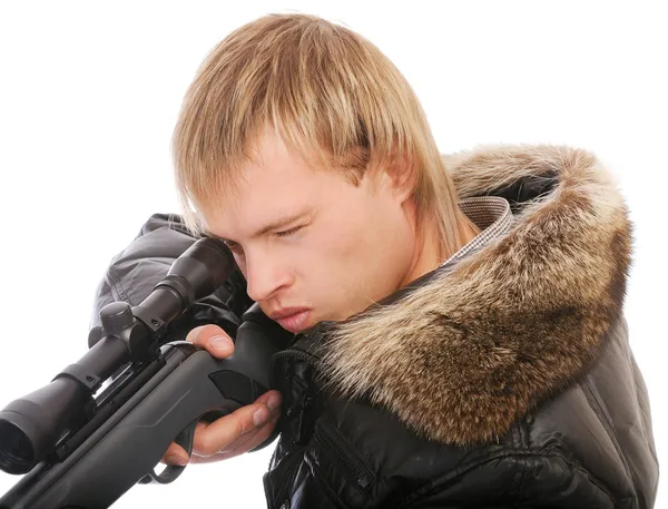 Sniper with rifle aims — Stock Photo, Image