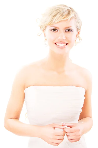 Mooie blonde in witte jurk lacht — Stockfoto