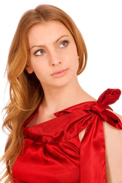 Kırmızı elbiseli güzel manken. — Stok fotoğraf