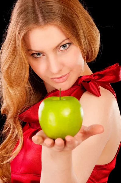 Closeup portrait of girl with green apple — Stock Photo, Image