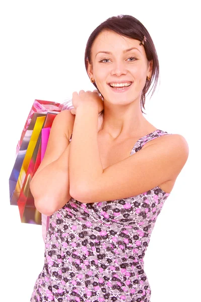 Menina bonita com pacotes após as compras — Fotografia de Stock