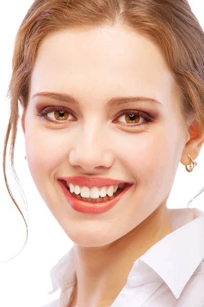 Πορτρέτο κοντινό πλάνο χαμογελαστό νεαρή γυναίκα — Φωτογραφία Αρχείου