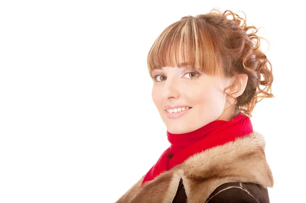 Hermosa mujer con abrigo cálido y bufanda roja —  Fotos de Stock