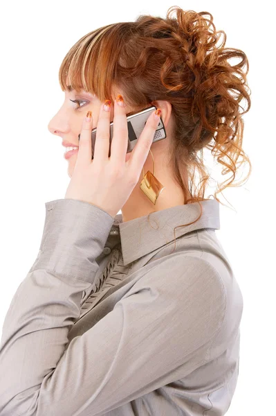 Προφίλ νεαρής γυναίκας που μιλάει τηλεφωνικά — Φωτογραφία Αρχείου