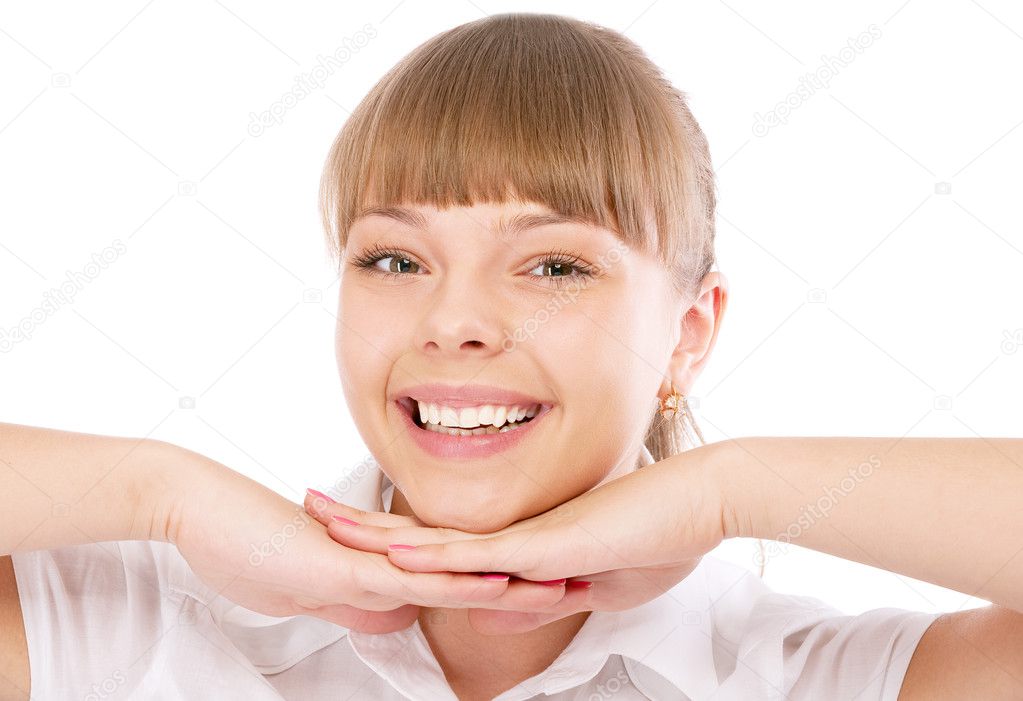Pretty young office woman with palm near face