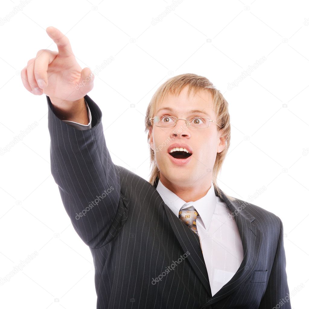 Businessman shows forefinger and is surprised