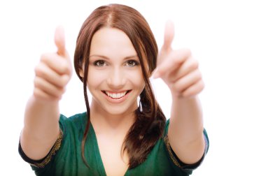 Girl laughs and lifts up thumbs clipart