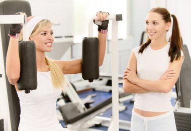 Two beautiful sportwomen make exercise clipart