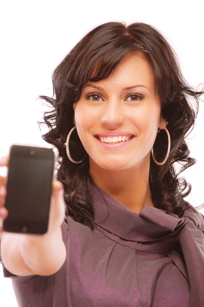Charming girl stretches phone — Stock Photo, Image
