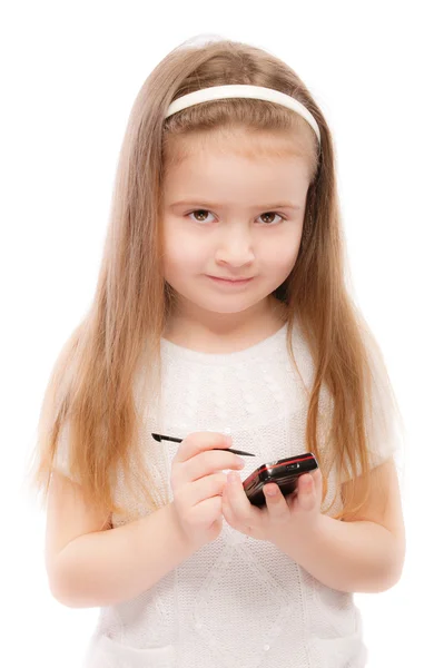 Retrato de un hermoso niño preescolar con teléfono inteligente —  Fotos de Stock