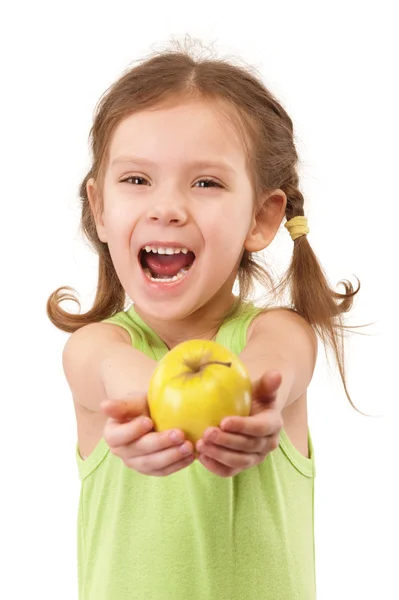 Liten tjej med grönt äpple — Stockfoto
