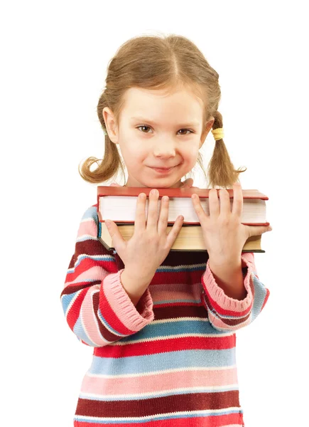 Nice criança pré-escolar detém livros didáticos — Fotografia de Stock