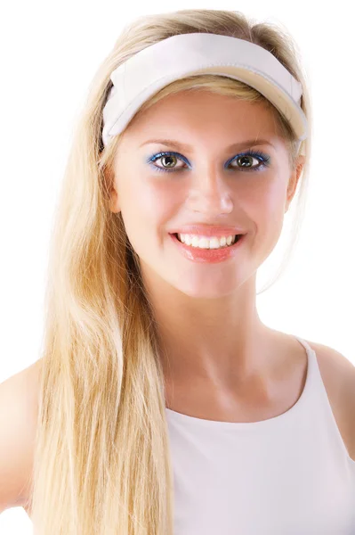 Ritratto di ragazza con picco di protezione solare sulla testa — Foto Stock