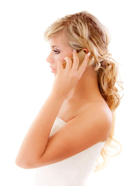 Mooie blonde spreekt via de telefoon — Stockfoto