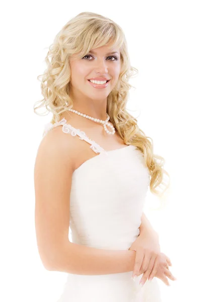 Preciosa rubia en vestido blanco se ríe —  Fotos de Stock