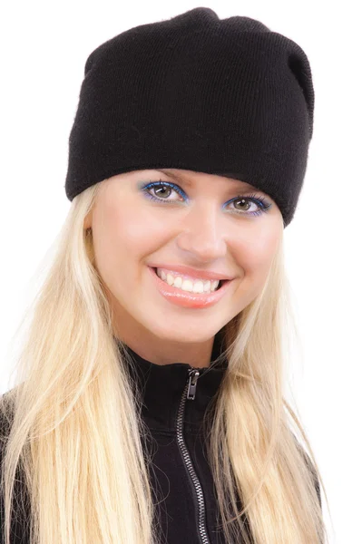 Beautiful girl in black cap — Stock Photo, Image