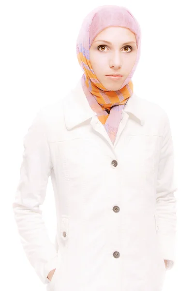 Beautiful girl in coat and headscarf — Stock Photo, Image