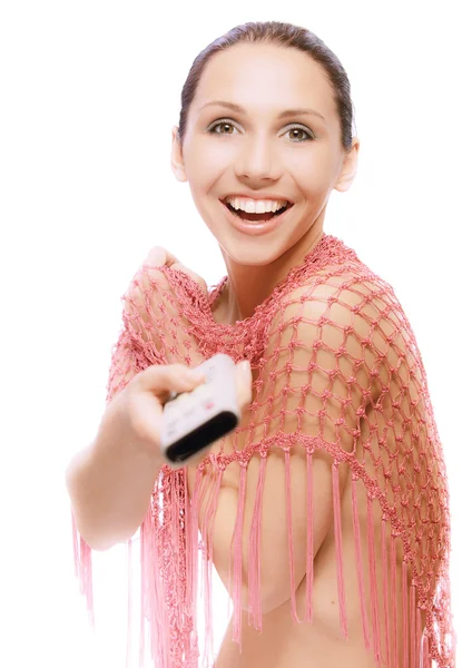 Sorrindo mulher nua com console de TV — Fotografia de Stock