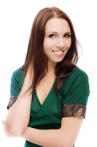 Portret van mooie jonge vrouw in groene jurk — Stockfoto
