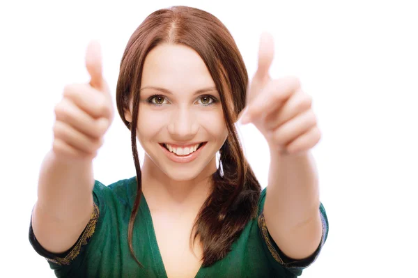 stock image Girl laughs and lifts up thumbs