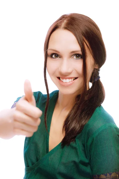 Girl laughs and lifts up thumb — Stock Photo, Image