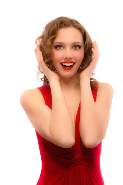 Joyful girl in red dress — Stock Photo, Image