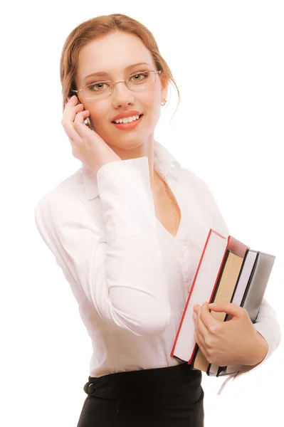 Charming girl-student speaks by phone — Stock Photo, Image