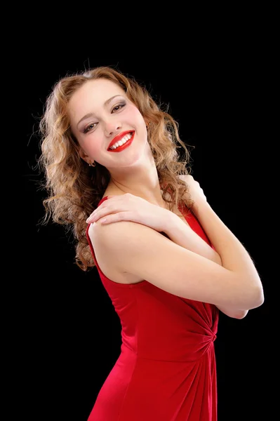 빨간 이브닝 드레스에 매력적인 여자 — 스톡 사진