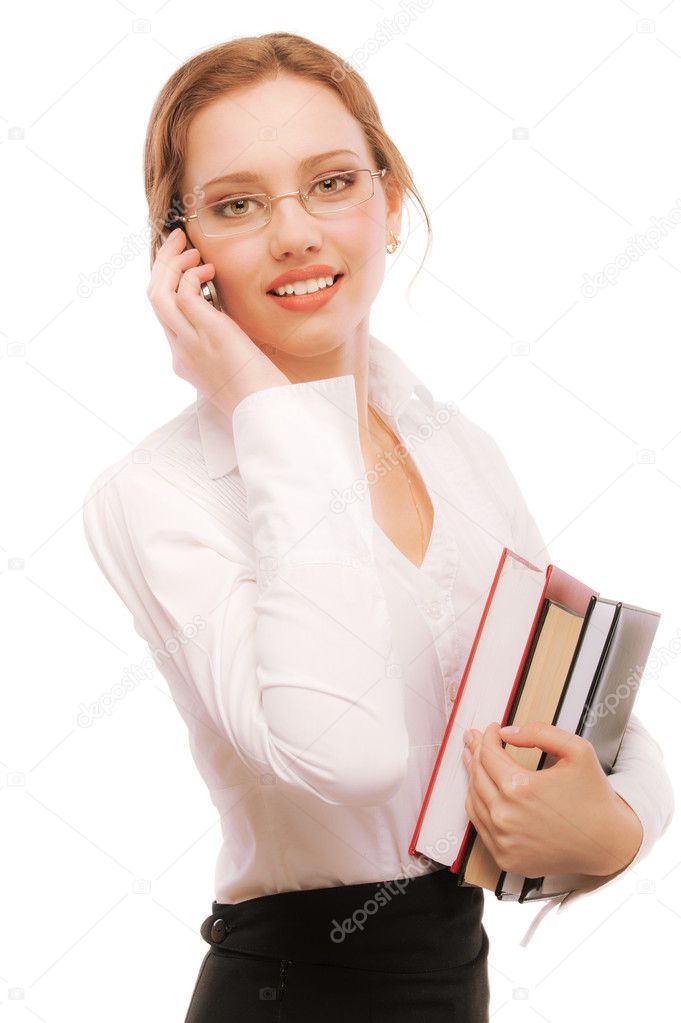 Charming girl-student speaks by phone