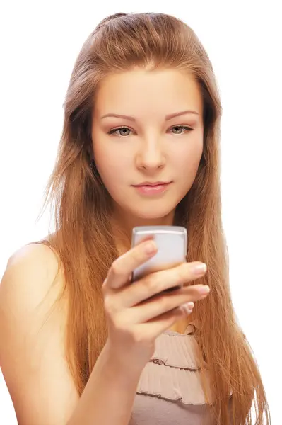 Blondin med mobiltelefon — Stockfoto