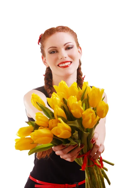 Menina com tulipas — Fotografia de Stock