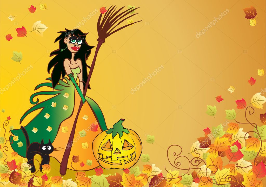 Hermosa Bruja Con Gato Negro Y Calabaza Vector De Stock Por ©vasilek