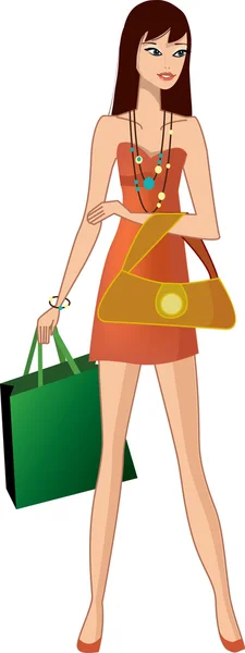 Chica atractiva con bolsas de compras — Vector de stock