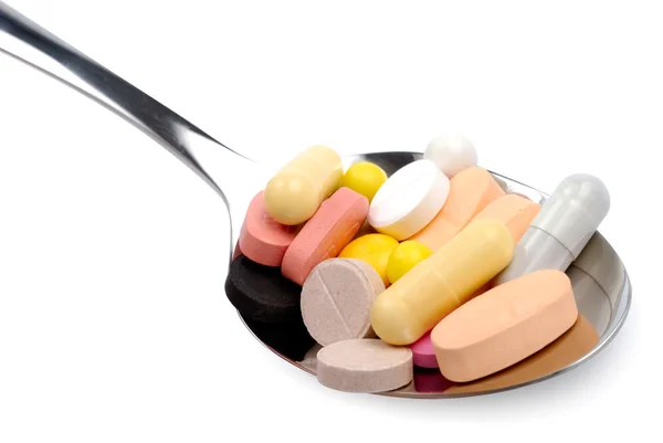 stock image Spoon Of Pills Vitamins Tablets Drugs